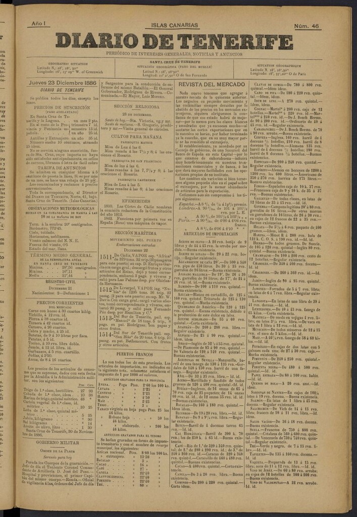 Miniatura de Diario de Tenerife del 23 de diciembre de 1886, nº 46