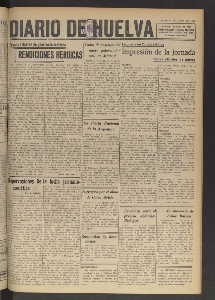 Miniatura de Diario de Huelva : periódico independiente del 10 de julio de 1941