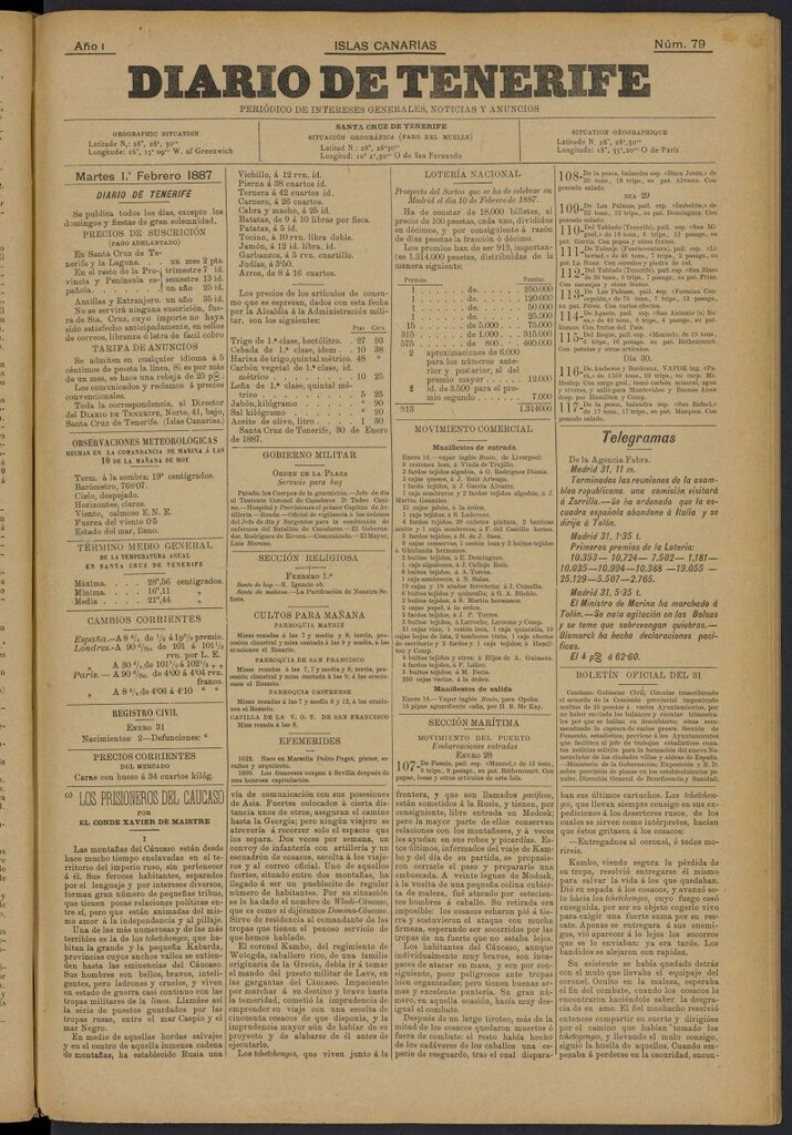 Miniatura de Diario de Tenerife del 1 de febrero de 1887, nº 79