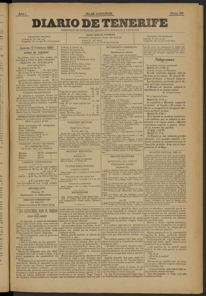 Miniatura de Diario de Tenerife del 17 de febrero de 1887, nº 93