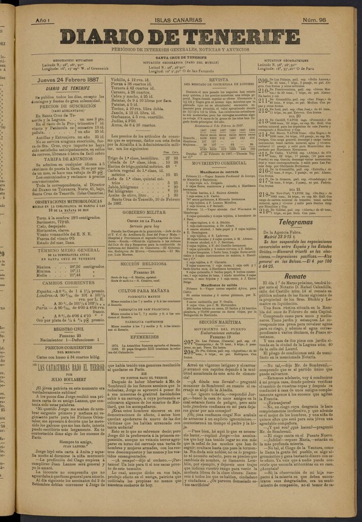 Miniatura de Diario de Tenerife del 24 de febrero de 1887, nº 98