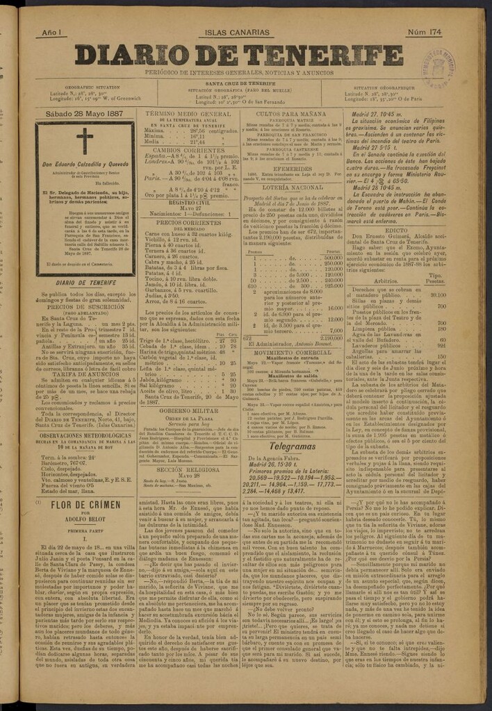 Miniatura de Diario de Tenerife del 28 de mayo de 1887, nº 174