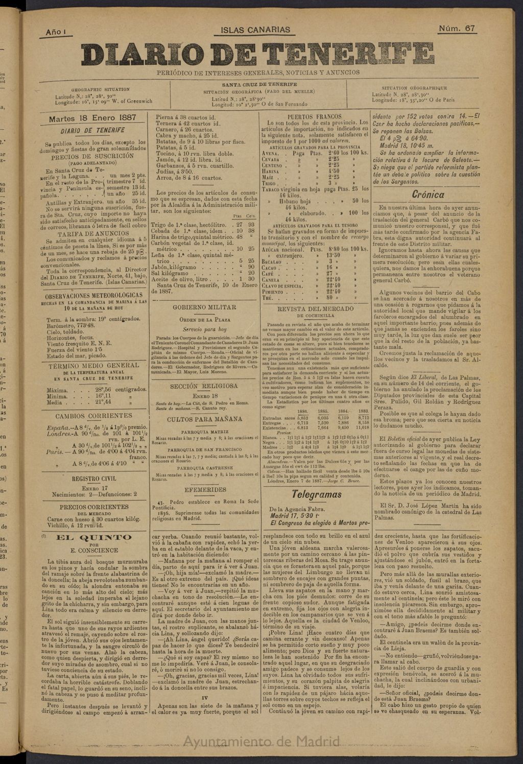 Miniatura de Diario de Tenerife del 18 de enero de 1887, nº 67