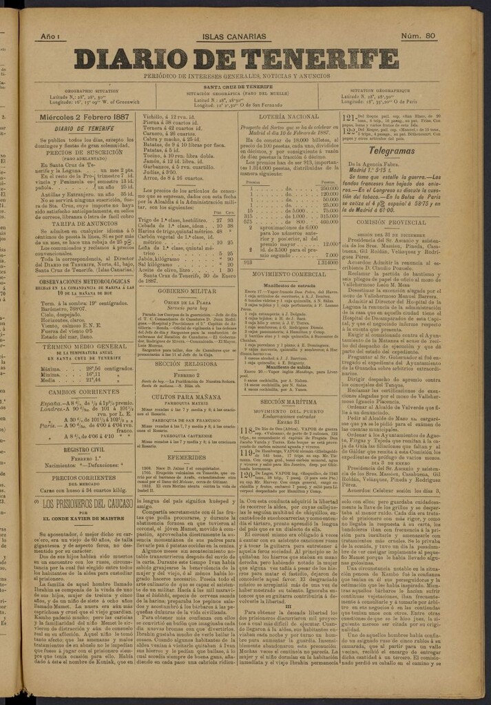 Miniatura de Diario de Tenerife del 2 de febrero de 1887, nº 80