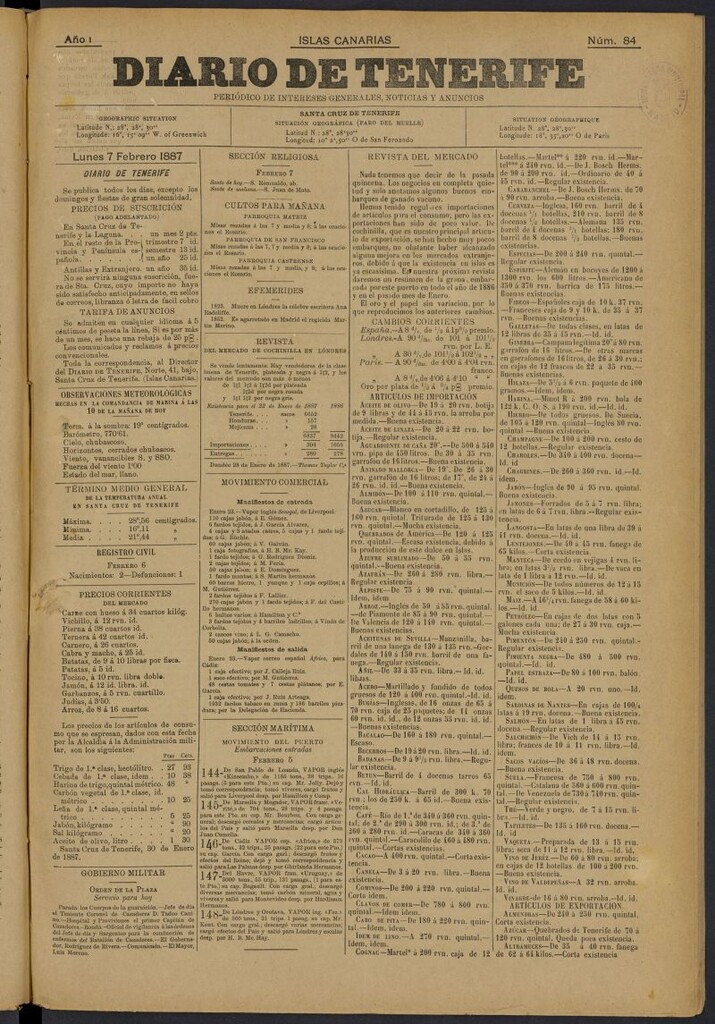 Miniatura de Diario de Tenerife del 7 de febrero de 1887, nº 84