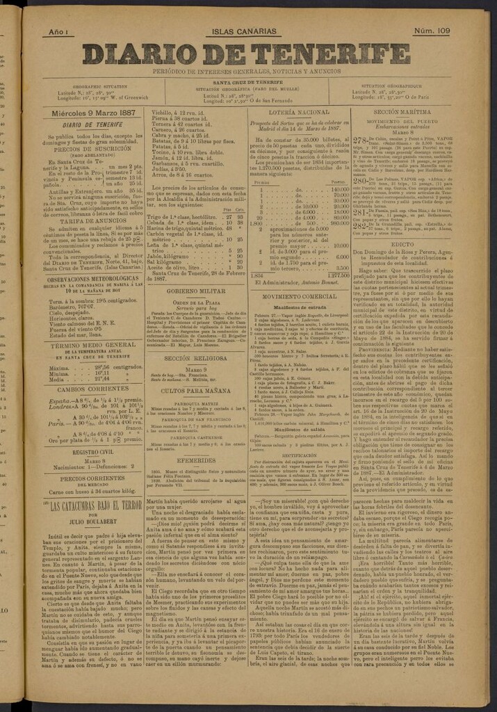 Miniatura de Diario de Tenerife del 9 de marzo de 1887, nº 109