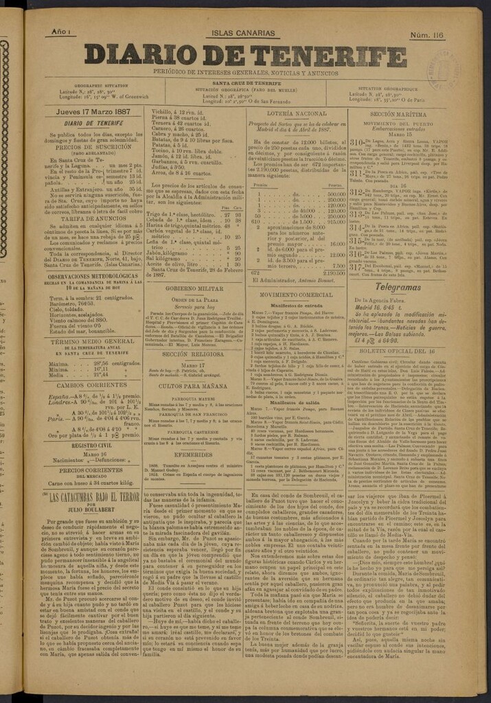 Miniatura de Diario de Tenerife del 17 de marzo de 1887, nº 116