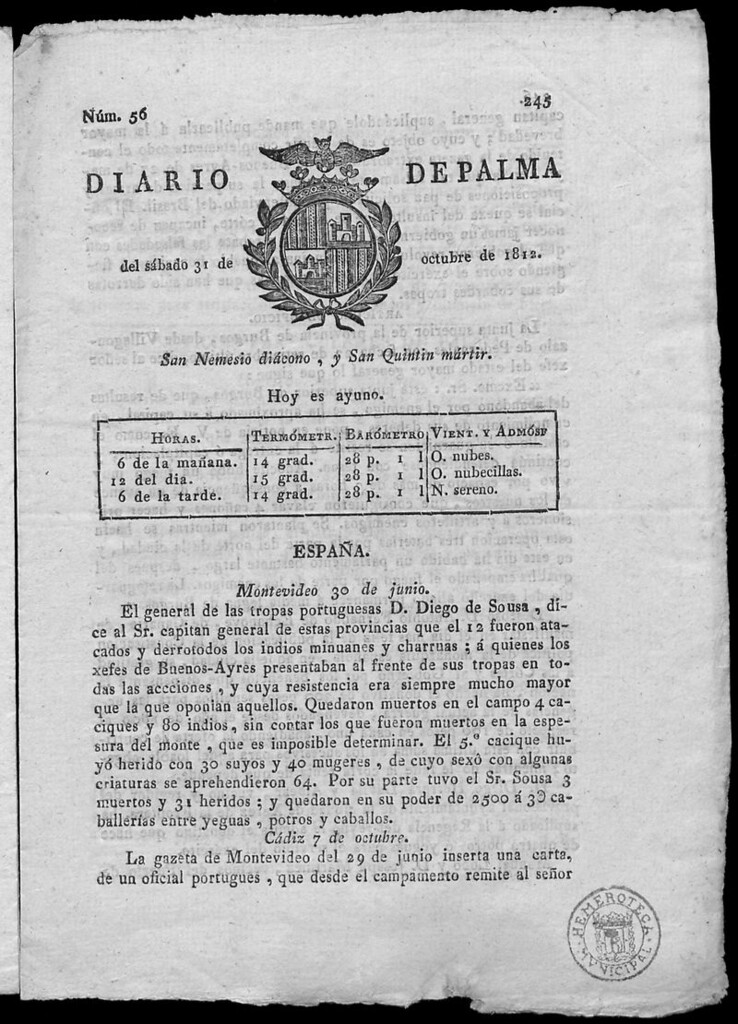 Miniatura de Diario de Palma del sábado 31 de octubre de 1812
