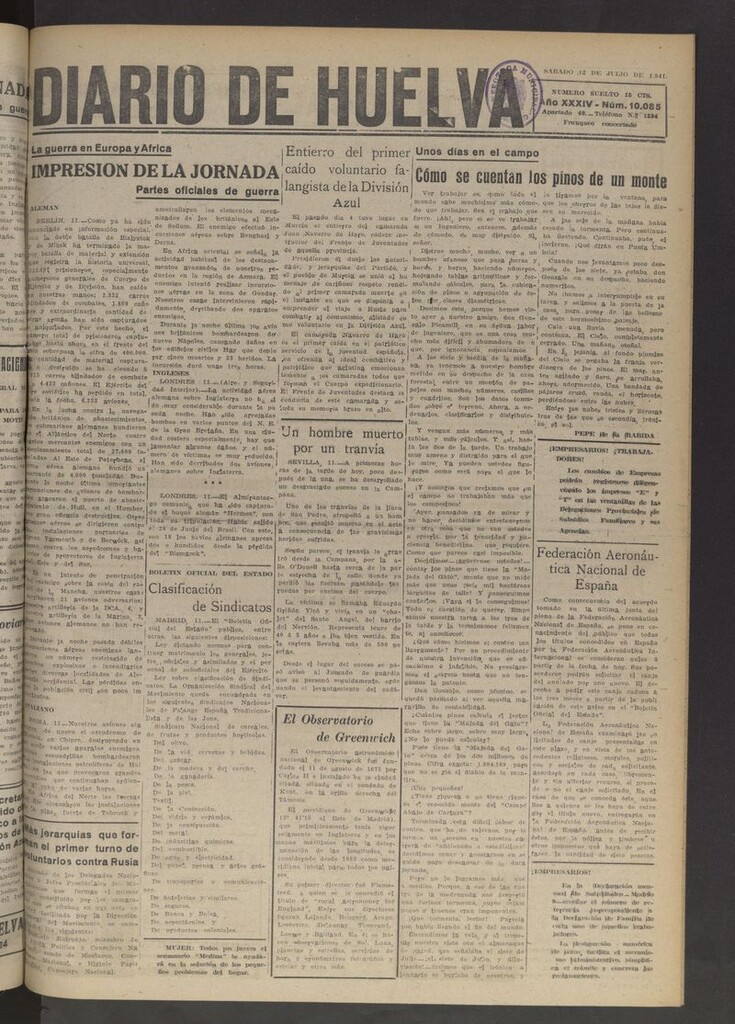 Miniatura de Diario de Huelva : periódico independiente del 12 de julio de 1941