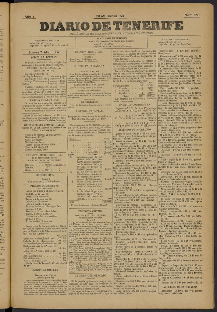 Miniatura de Diario de Tenerife del 7 de abril de 1887, nº 133
