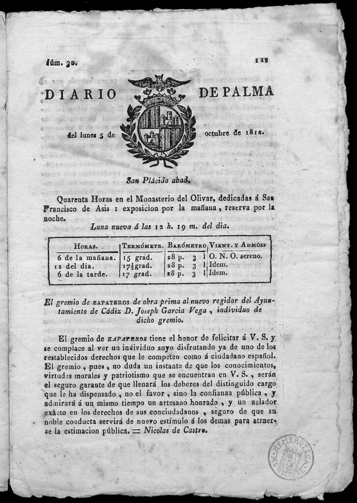 Miniatura de Diario de Palma del lunes 5 de octubre de 1812