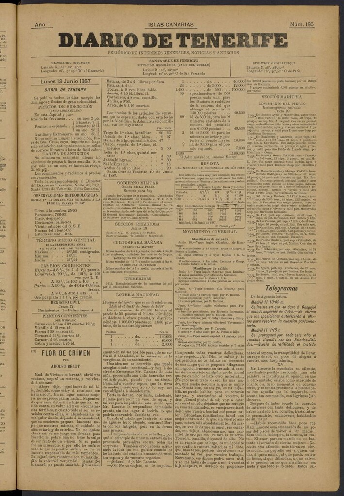 Miniatura de Diario de Tenerife del 13 de junio de 1887, nº 186