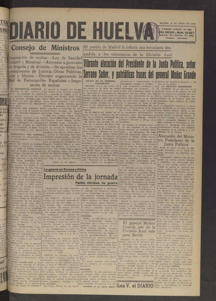 Miniatura de Diario de Huelva : periódico independiente del 15 de julio de 1941