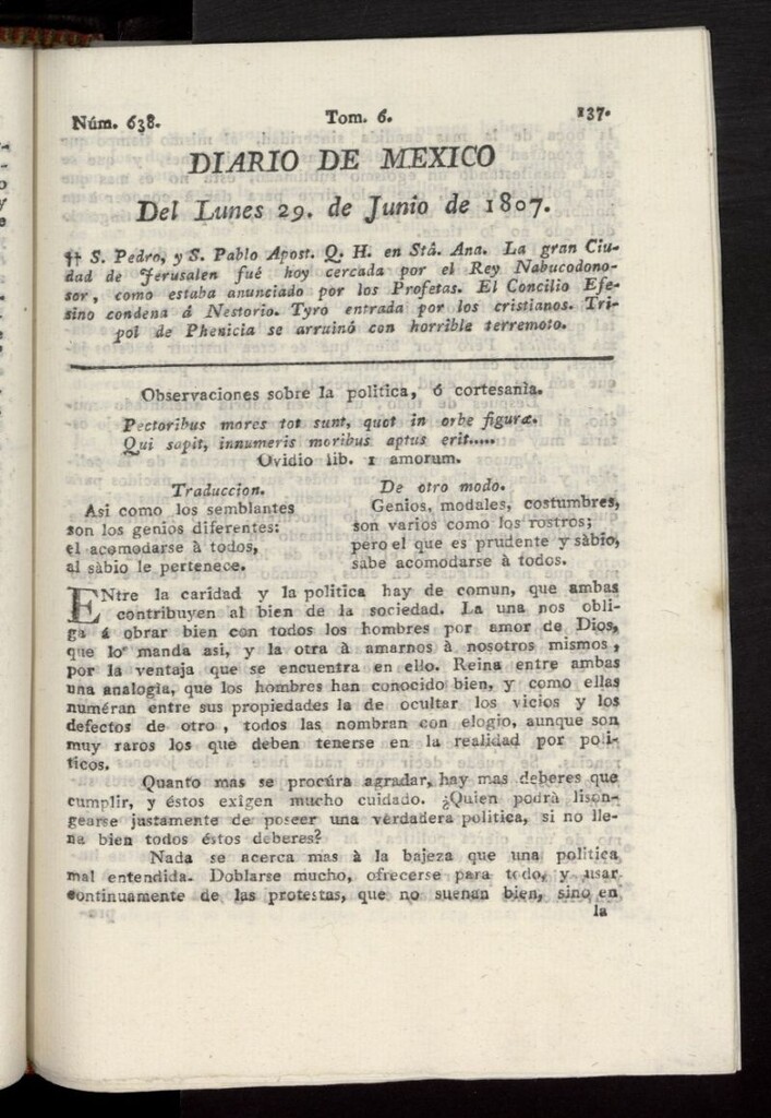 Miniatura de Diario de México del 29 de junio de 1807, nº 638