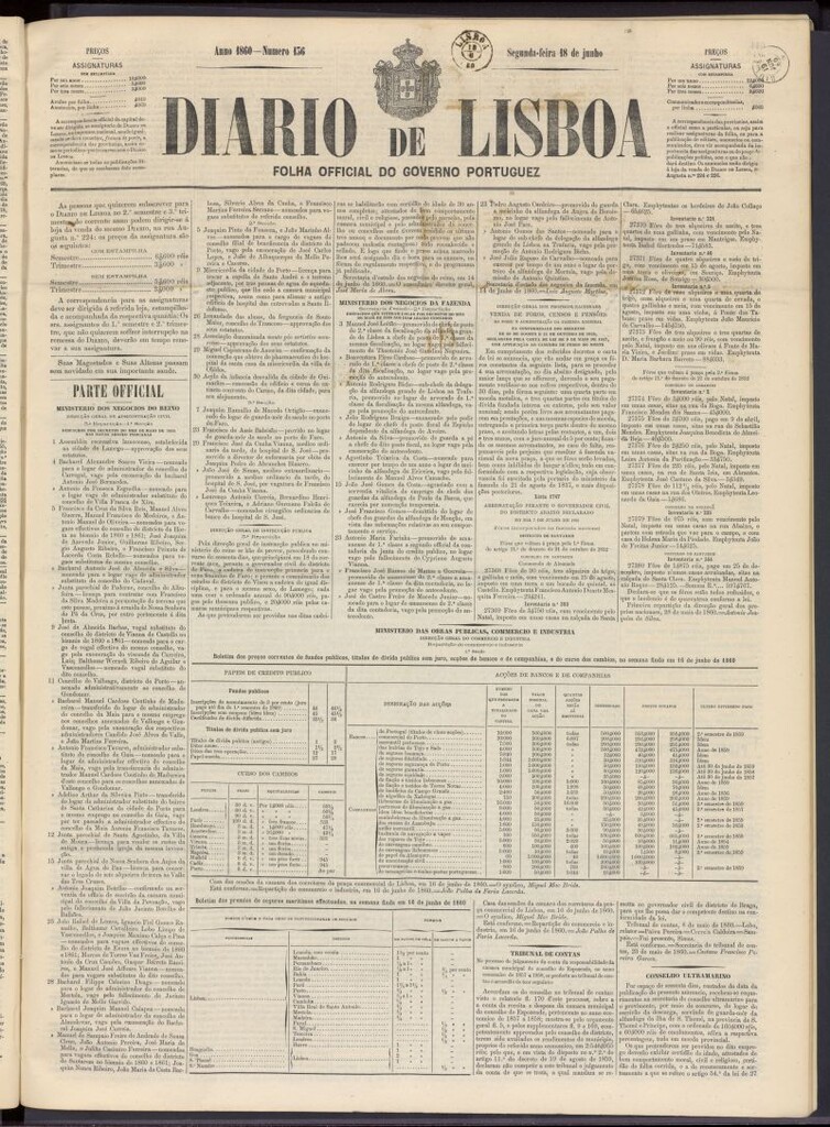 Miniatura de Diário de Lisboa : folha official do goberno portugues del 18 de junio de 1860, nº 136