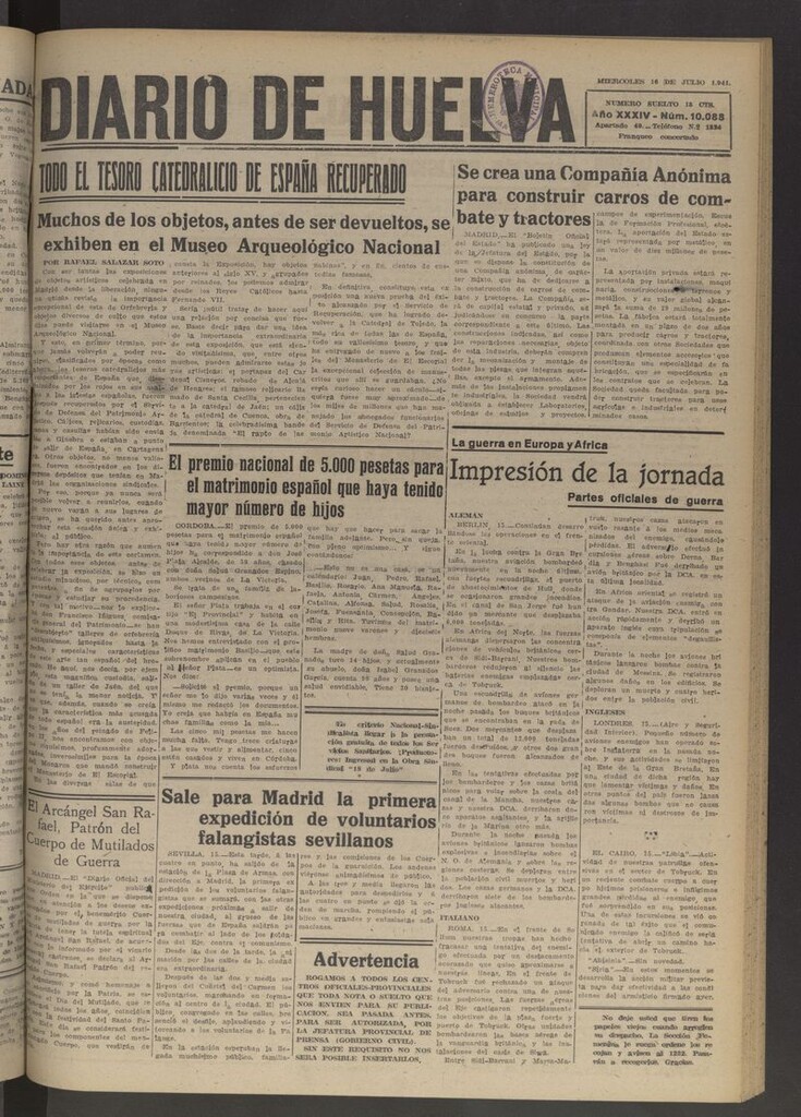 Miniatura de Diario de Huelva : periódico independiente del 16 de julio de 1941