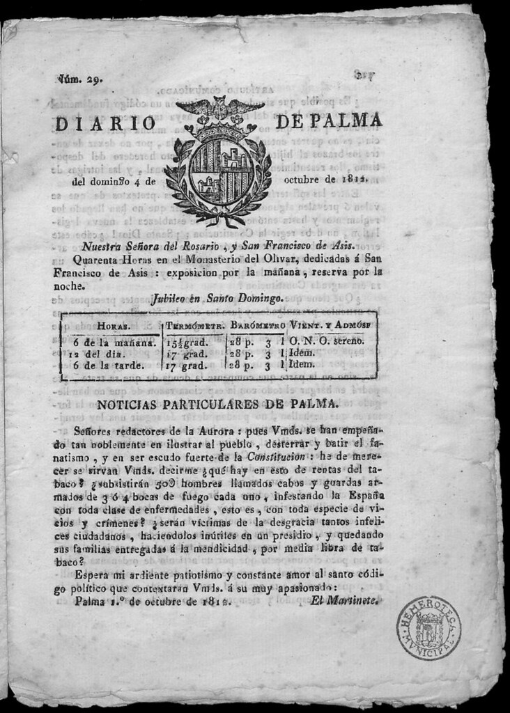 Miniatura de Diario de Palma del domingo 4 de octubre de 1812