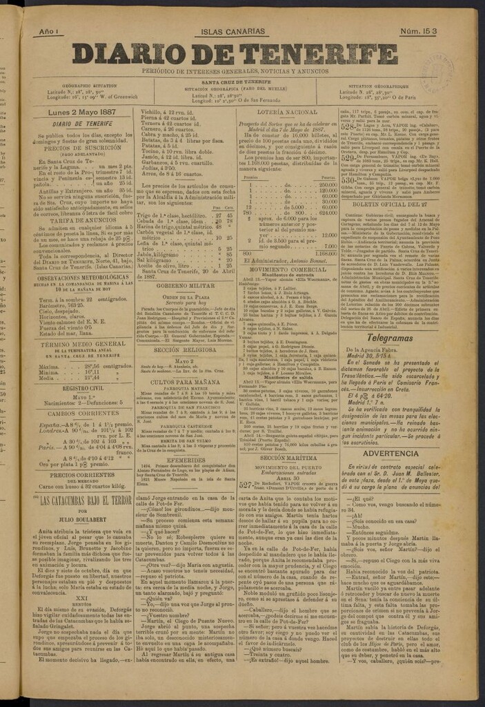 Miniatura de Diario de Tenerife del 2 de mayo de 1887, nº 153