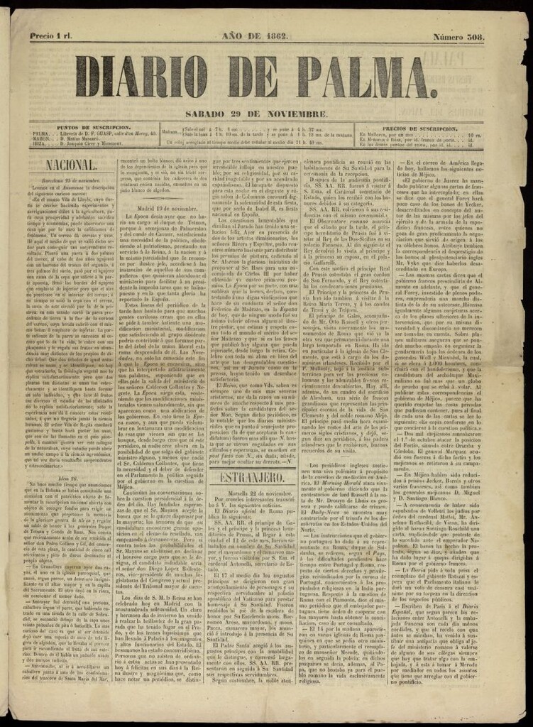 Miniatura de Diario de Palma 29 de noviembre de 1862, nº 308