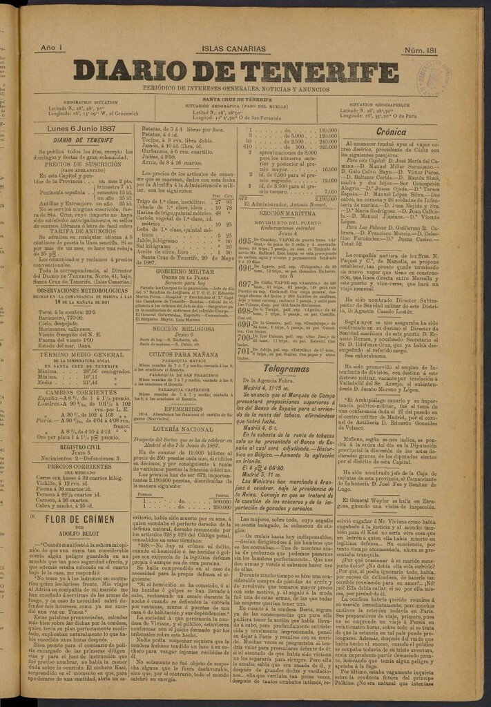 Miniatura de Diario de Tenerife del 6 de junio de 1887, nº 181