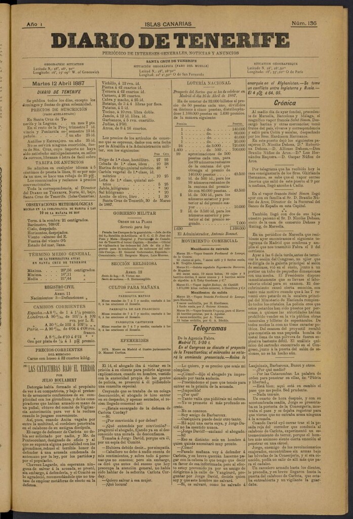 Miniatura de Diario de Tenerife del 12 de abril de 1887, nº 136