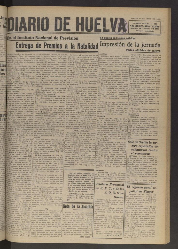 Miniatura de Diario de Huelva : periódico independiente del 17 de julio de 1941