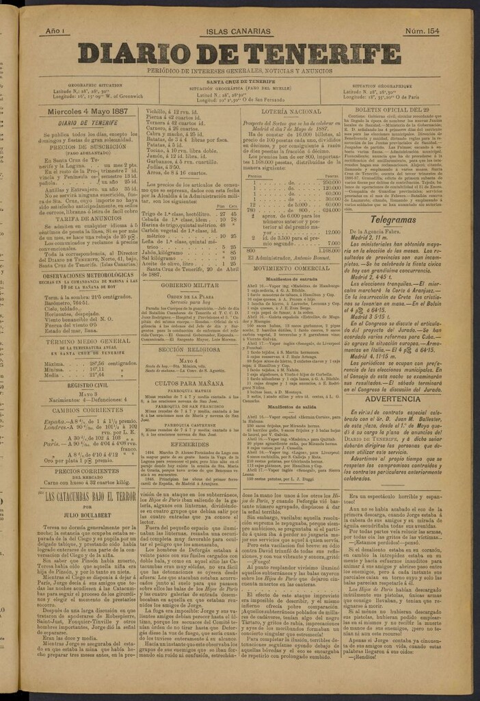 Miniatura de Diario de Tenerife del 4 de mayo de 1887, nº 154