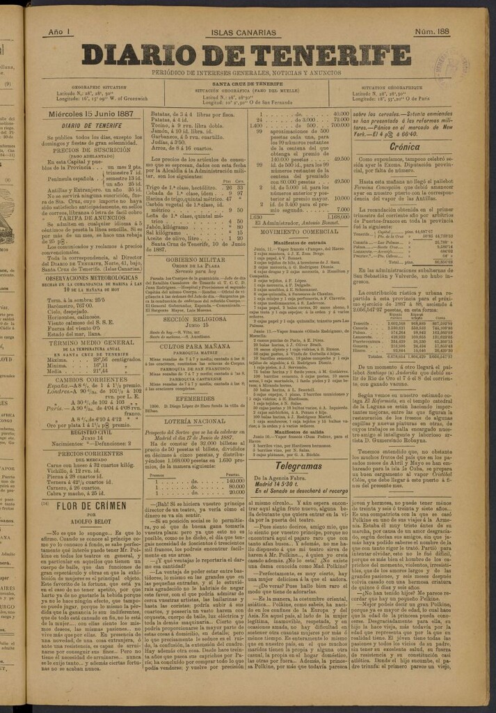 Miniatura de Diario de Tenerife del 15 de junio de 1887, nº 188