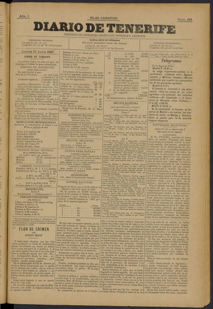 Miniatura de Diario de Tenerife del 10 de junio de 1887, nº 184