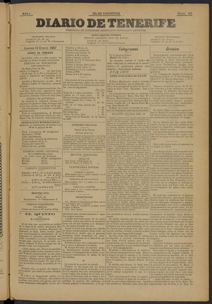 Miniatura de Diario de Tenerife del 13 de enero de 1887, nº 63