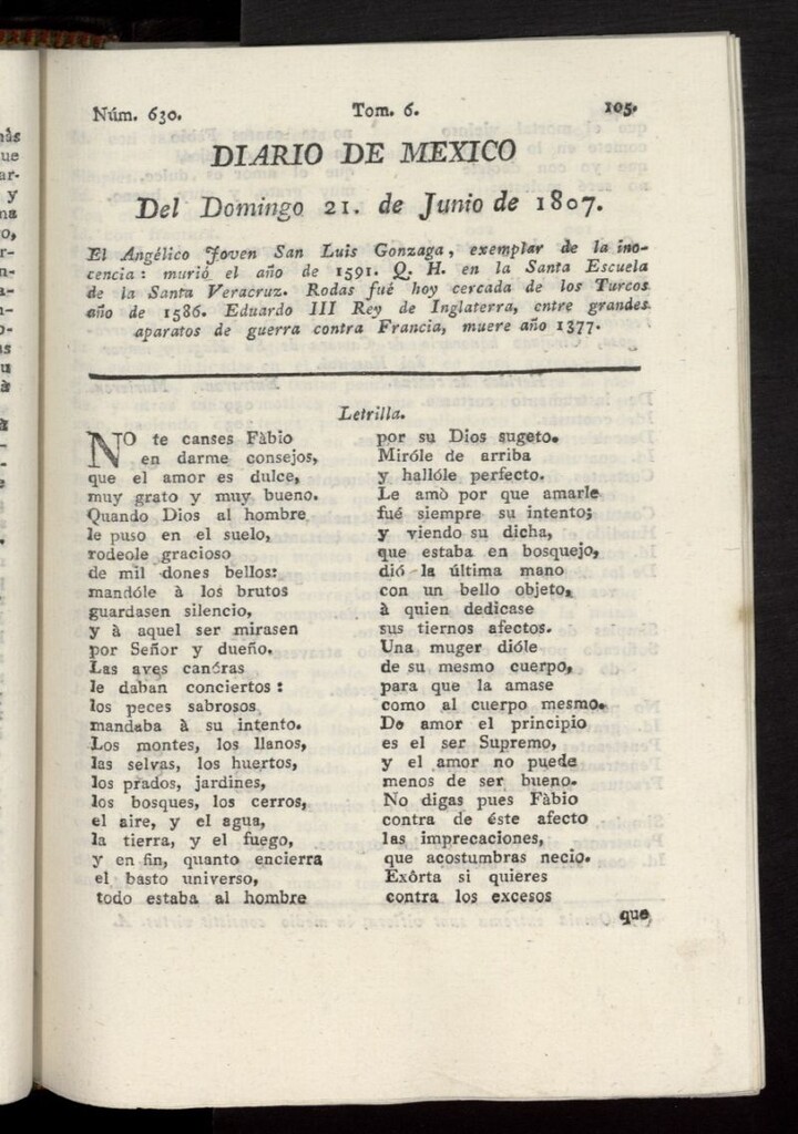 Miniatura de Diario de México del 21 de junio de 1807, nº 630
