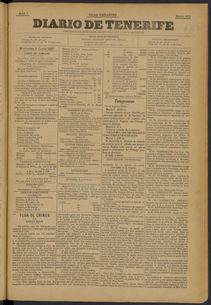 Miniatura de Diario de Tenerife del 8 de junio de 1887, nº 183