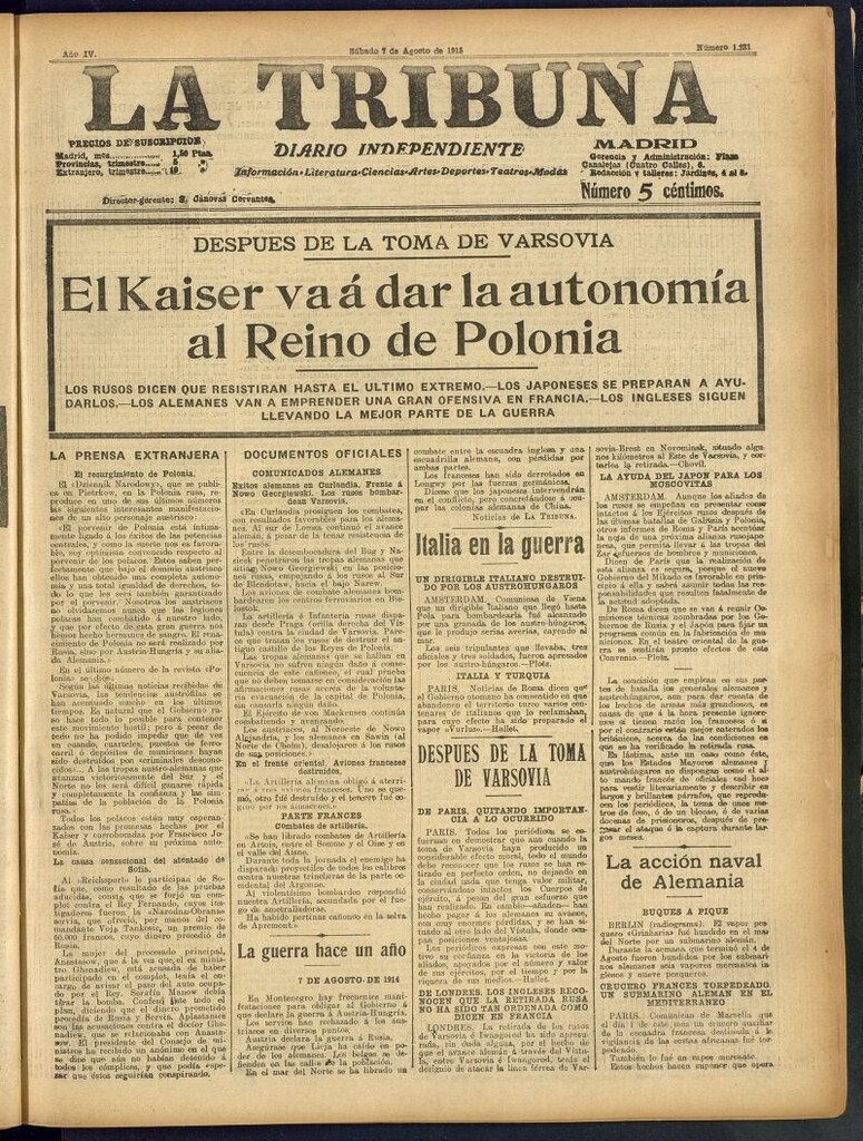 Miniatura de La Tribuna: diario independiente del 7 de agosto de 1915