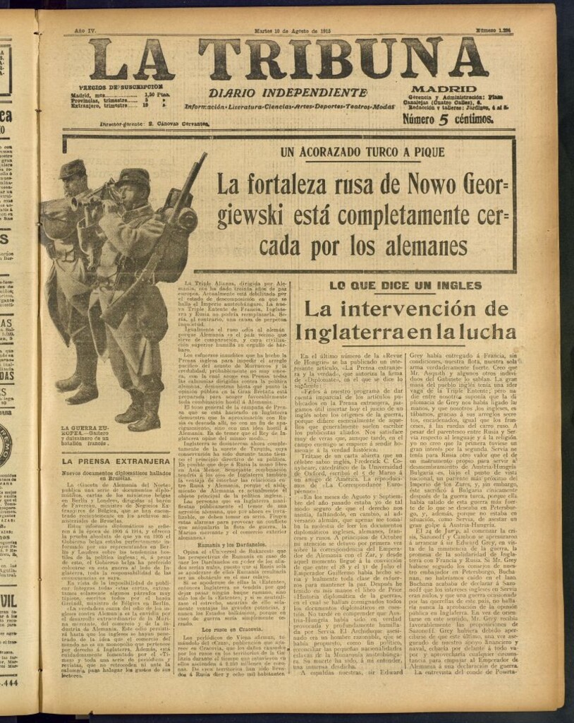 Miniatura de La Tribuna: diario independiente del 10 de agosto de 1915