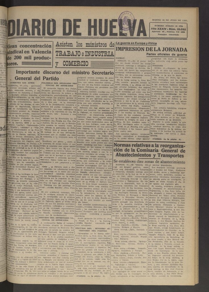 Miniatura de Diario de Huelva : periódico independiente del 22 de julio de 1941