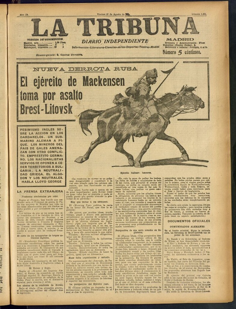 Miniatura de La Tribuna: diario independiente del 27 de agosto de 1915