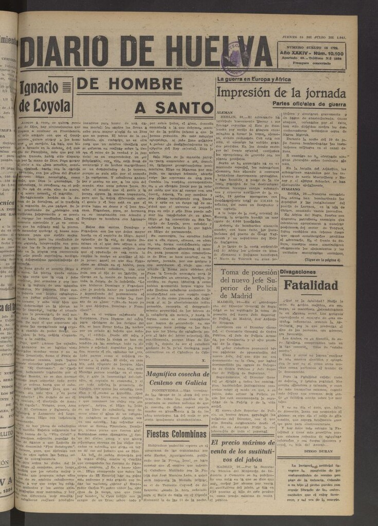 Miniatura de Diario de Huelva : periódico independiente del 31 de julio de 1941