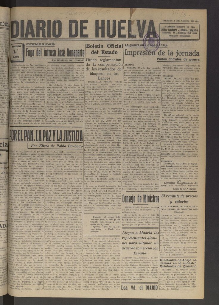 Miniatura de Diario de Huelva : periódico independiente del 1 de agosto de 1941