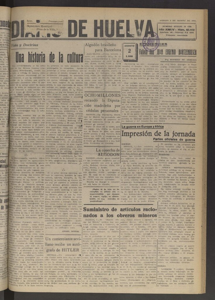 Miniatura de Diario de Huelva : periódico independiente del 2 de agosto de 1941