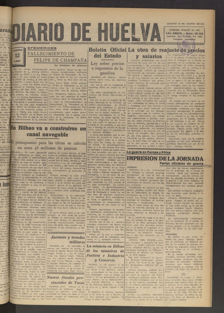 Miniatura de Diario de Huelva : periódico independiente del 12 de agosto de 1941