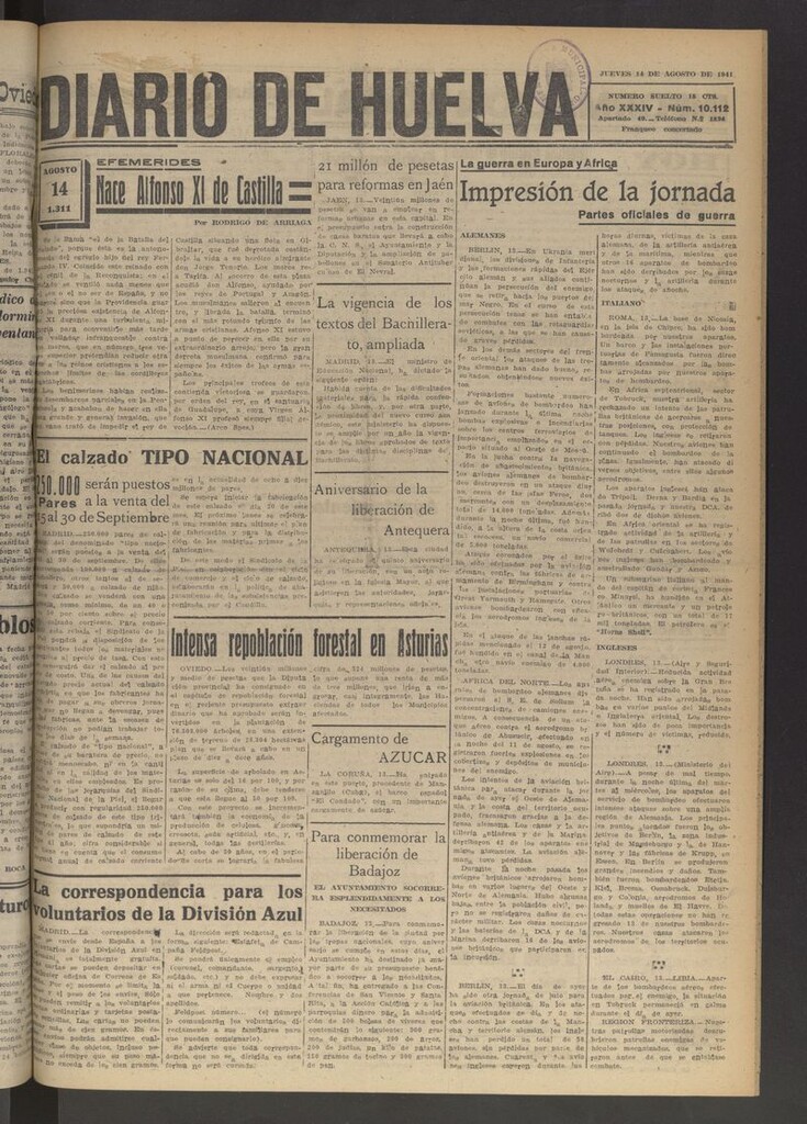 Miniatura de Diario de Huelva : periódico independiente del 14 de agosto de 1941