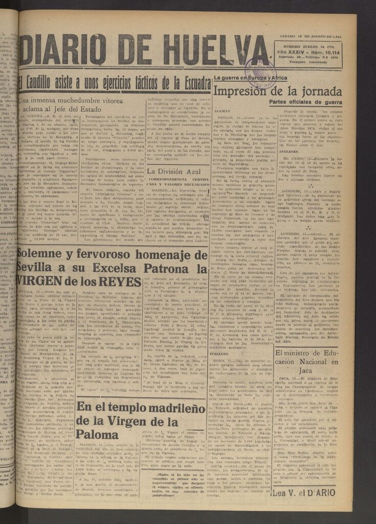 Miniatura de Diario de Huelva : periódico independiente del 16 de agosto de 1941