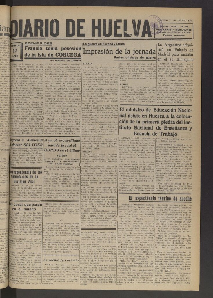 Miniatura de Diario de Huelva : periódico independiente del 17 de agosto de 1941