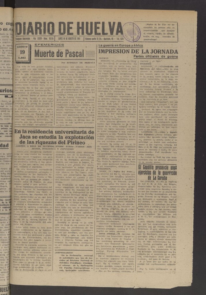 Miniatura de Diario de Huelva : periódico independiente del 18 [sic] de agosto de 1941