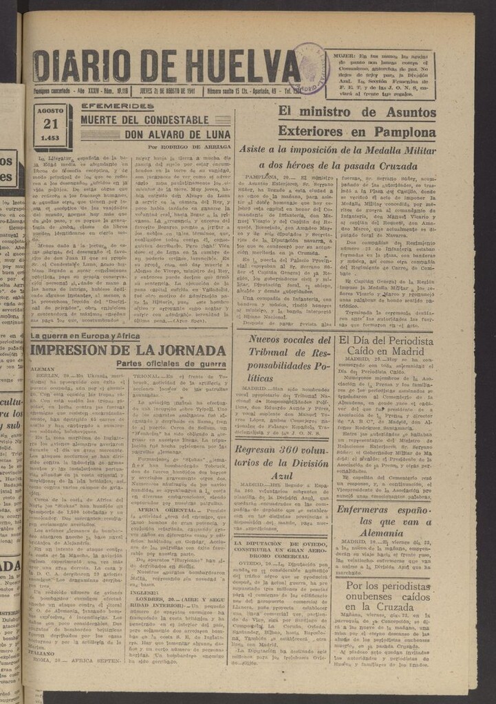 Miniatura de Diario de Huelva : periódico independiente del 21 de agosto de 1941
