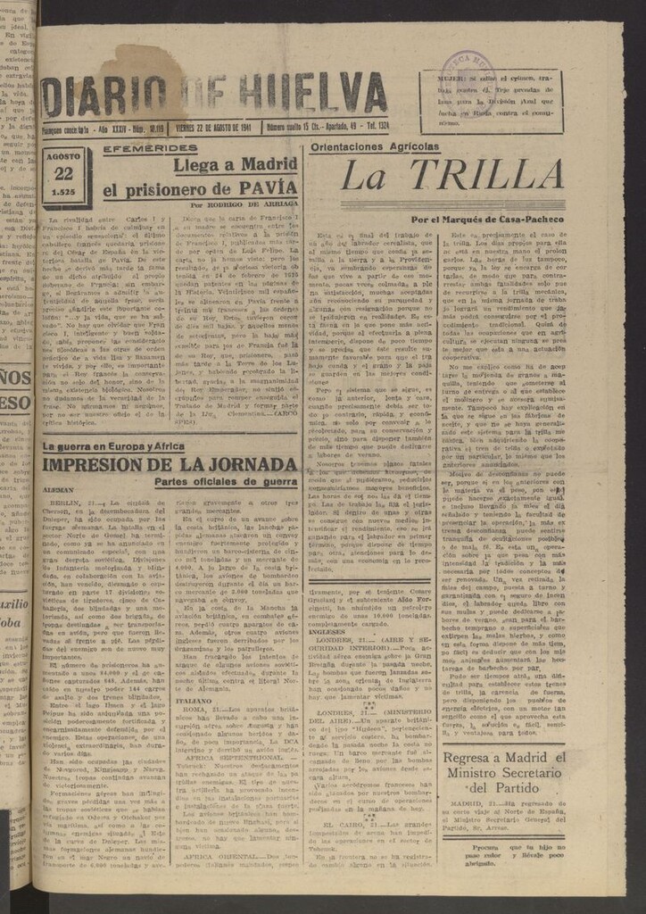 Miniatura de Diario de Huelva : periódico independiente del 22 de agosto de 1941