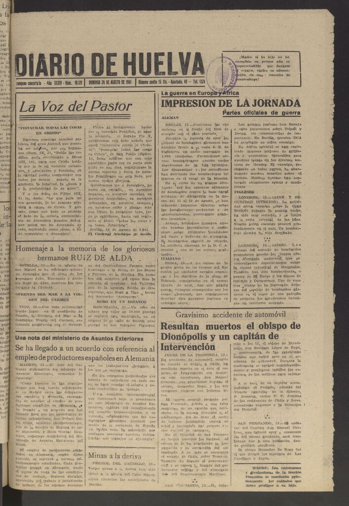 Miniatura de Diario de Huelva : periódico independiente del 24 de agosto de 1941