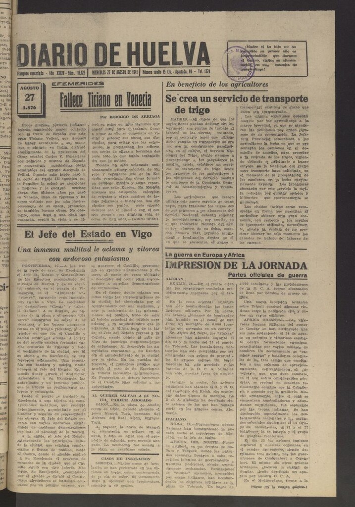 Miniatura de Diario de Huelva : periódico independiente del 27 de agosto de 1941