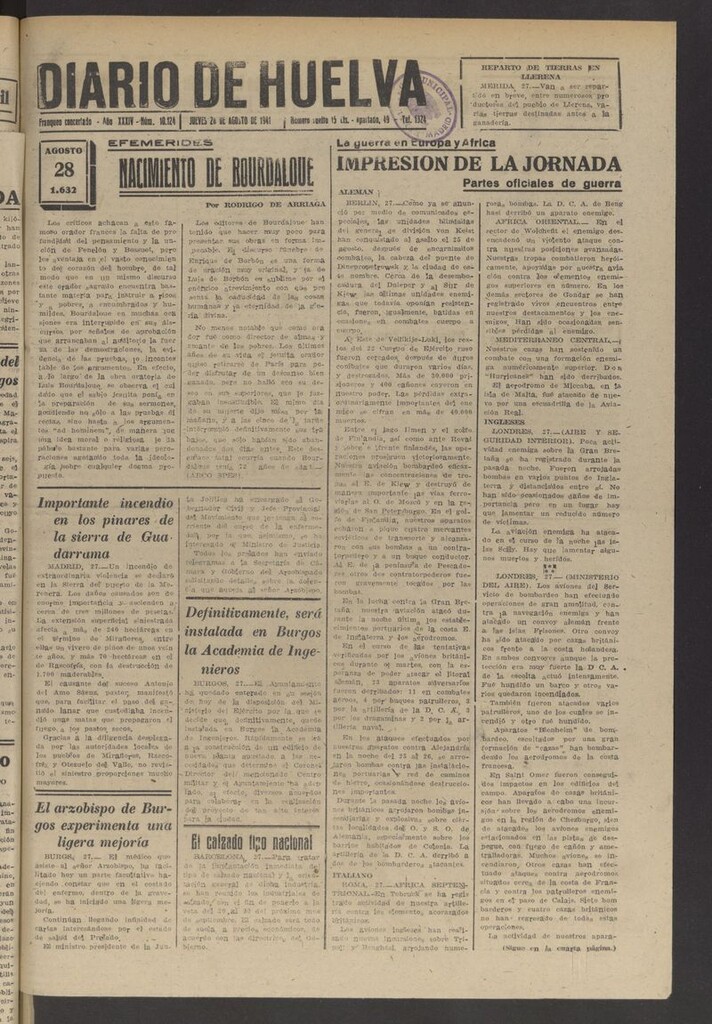 Miniatura de Diario de Huelva : periódico independiente del 28 de agosto de 1941