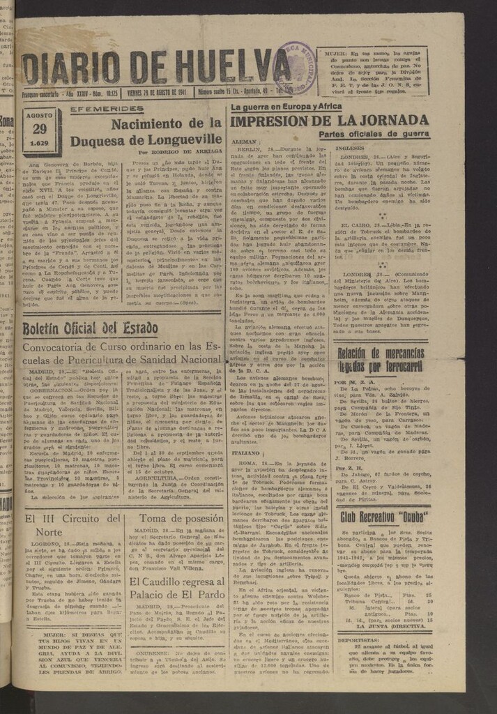 Miniatura de Diario de Huelva : periódico independiente del 29 de agosto de 1941